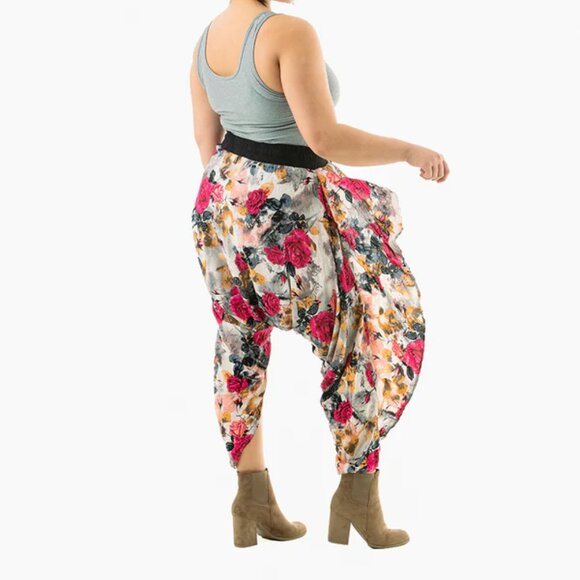 Flap Harem Pant Open Side Tasseled Drawstring Yoga Travel Beach Floral Pink Kira - Picture 3 of 12